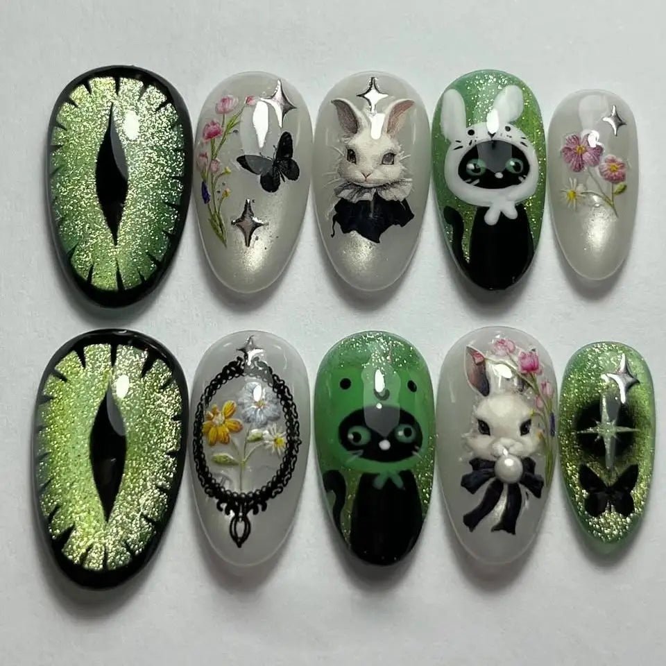 24pcs Flower Print Press - On Nails — Wine Red & Blush Almond Shape Summer Fake Nails - Mzunye