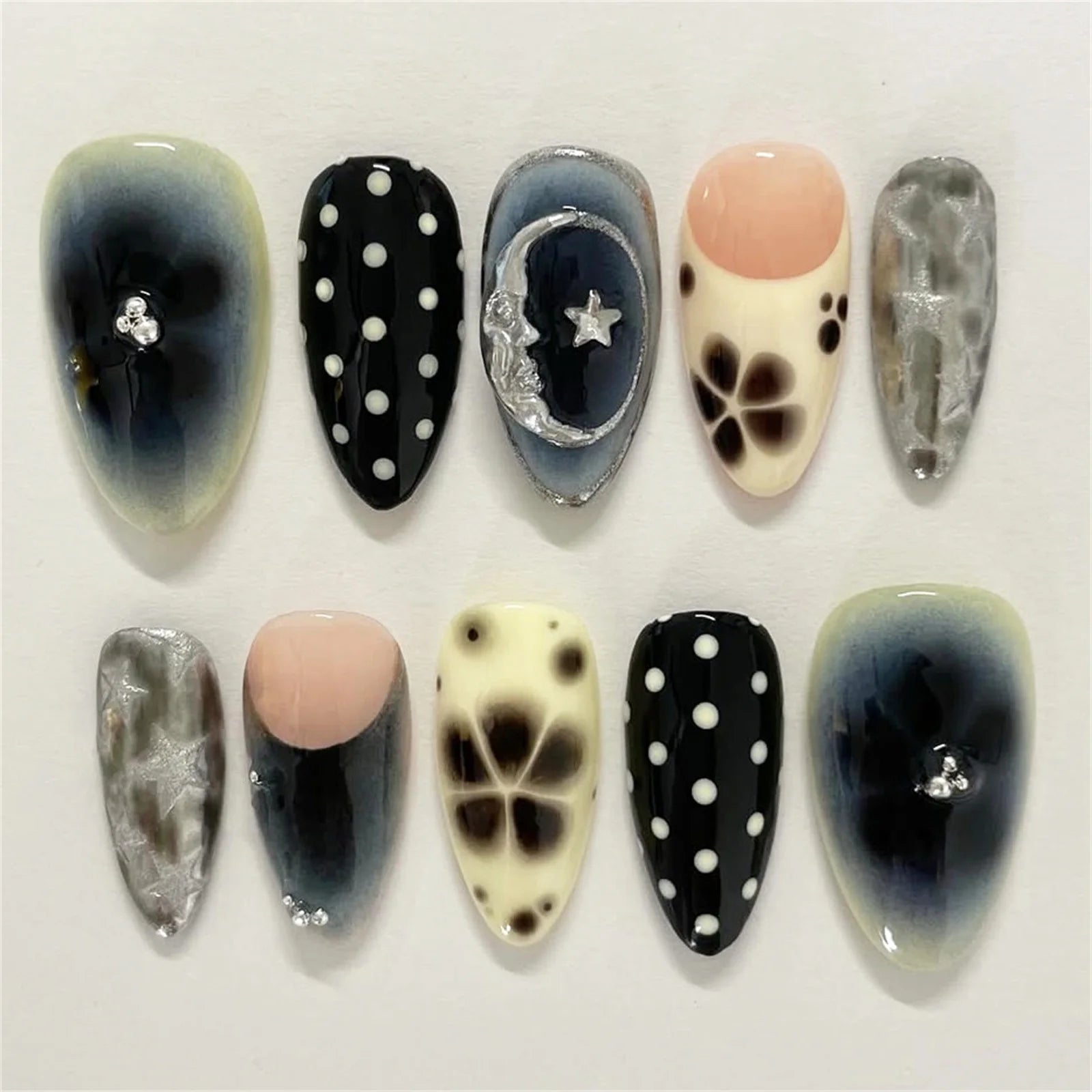 24pcs Flower Print Press - On Nails — Wine Red & Blush Almond Shape Summer Fake Nails - Mzunye