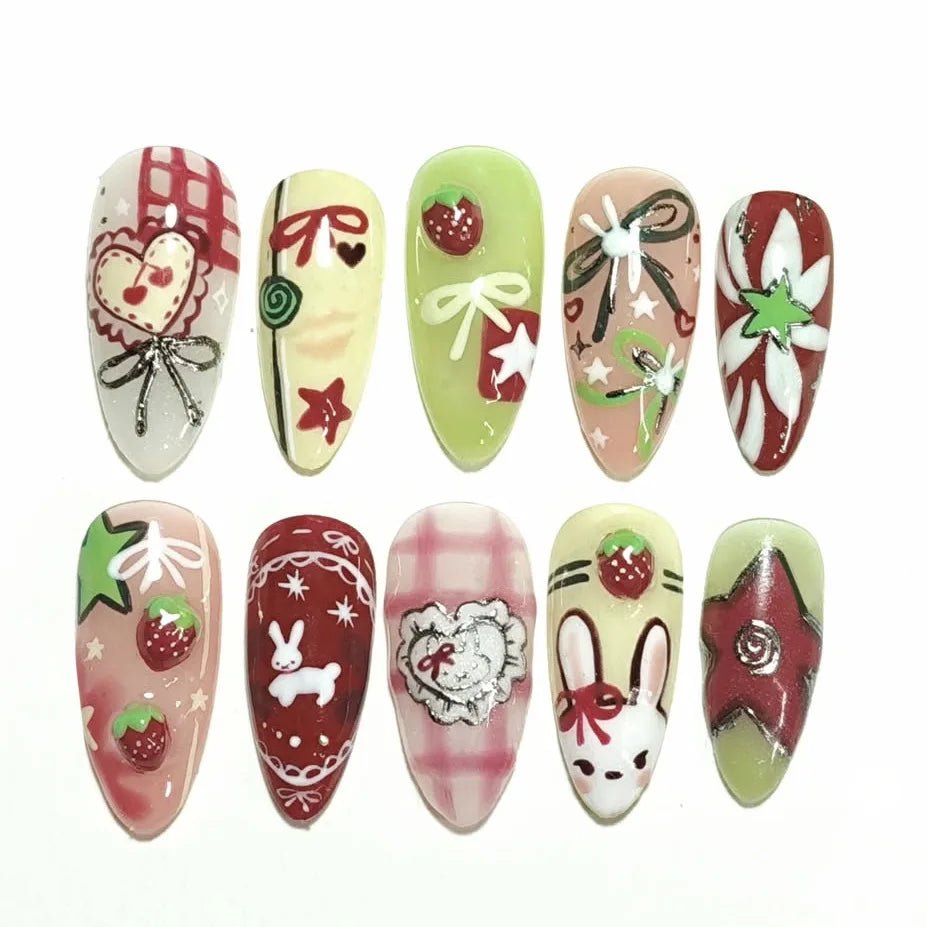 24pcs Flower Print Press - On Nails — Wine Red & Blush Almond Shape Summer Fake Nails - Mzunye