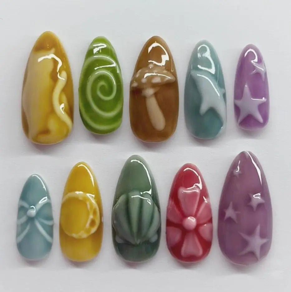 24pcs Flower Print Press - On Nails — Wine Red & Blush Almond Shape Summer Fake Nails - Mzunye