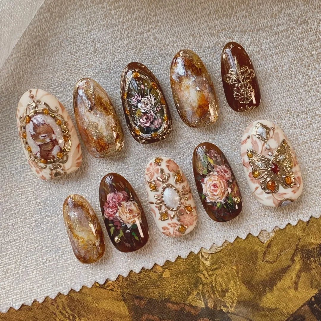 24pcs Flower Print Press - On Nails — Wine Red & Blush Almond Shape Summer Fake Nails - Mzunye