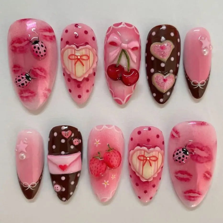 24pcs Flower Print Press - On Nails — Wine Red & Blush Almond Shape Summer Fake Nails - Mzunye