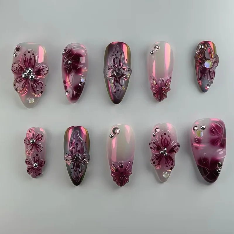 24pcs Flower Print Press - On Nails — Wine Red & Blush Almond Shape Summer Fake Nails - Mzunye