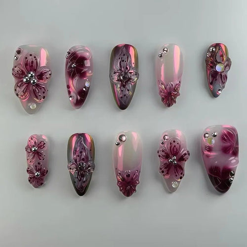 24pcs Flower Print Press - On Nails — Wine Red & Blush Almond Shape Summer Fake Nails - Mzunye