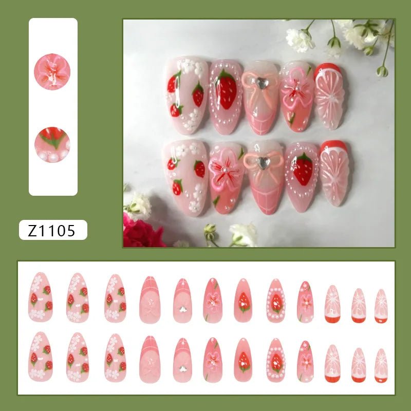 24pcs Flower Print Press - On Nails — Wine Red & Blush Almond Shape Summer Fake Nails - Mzunye