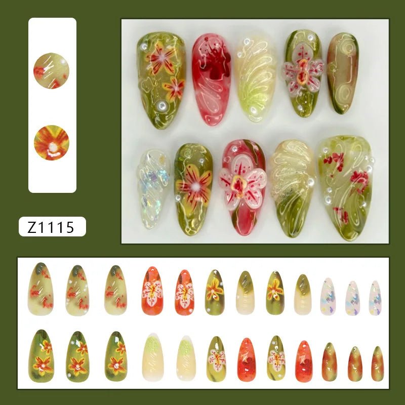 24pcs Flower Print Press - On Nails — Wine Red & Blush Almond Shape Summer Fake Nails - Mzunye