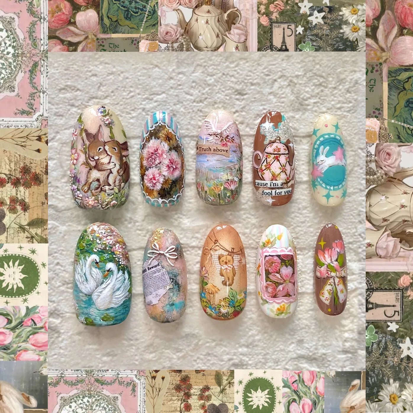 24pcs Flower Print Press - On Nails — Wine Red & Blush Almond Shape Summer Fake Nails - Mzunye