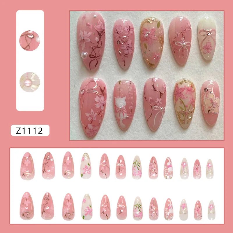 24pcs Flower Print Press - On Nails — Wine Red & Blush Almond Shape Summer Fake Nails - Mzunye