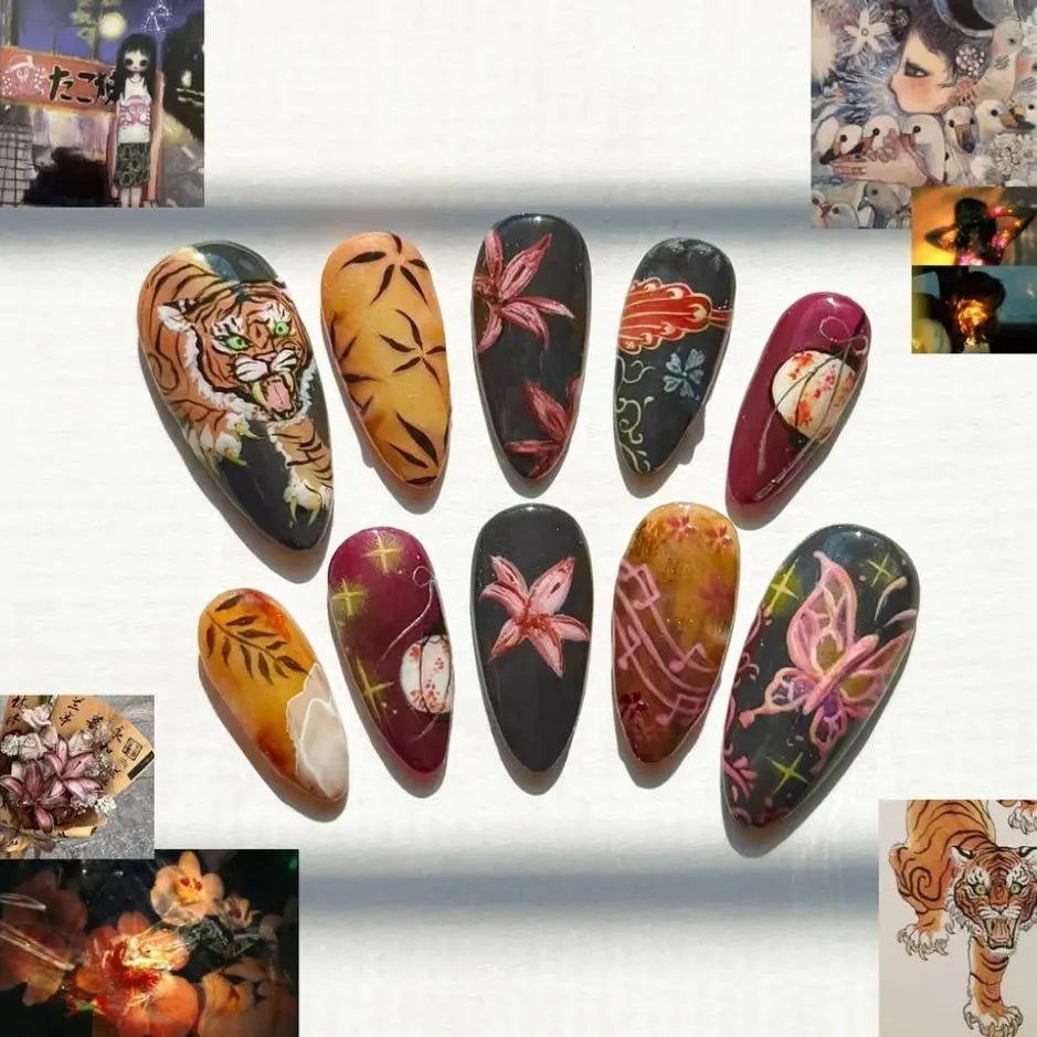 24pcs Flower Print Press - On Nails — Wine Red & Blush Almond Shape Summer Fake Nails - Mzunye