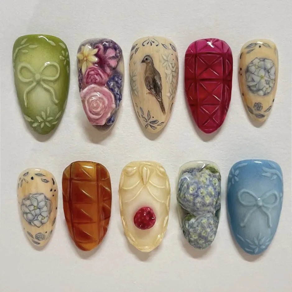 24pcs Flower Print Press - On Nails — Wine Red & Blush Almond Shape Summer Fake Nails - Mzunye