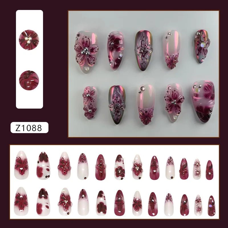 24pcs Flower Print Press - On Nails — Wine Red & Blush Almond Shape Summer Fake Nails - Mzunye