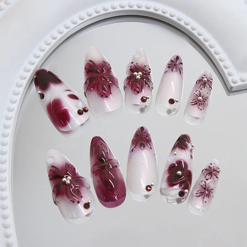 24pcs Flower Print Press - On Nails — Wine Red & Blush Almond Shape Summer Fake Nails - Mzunye