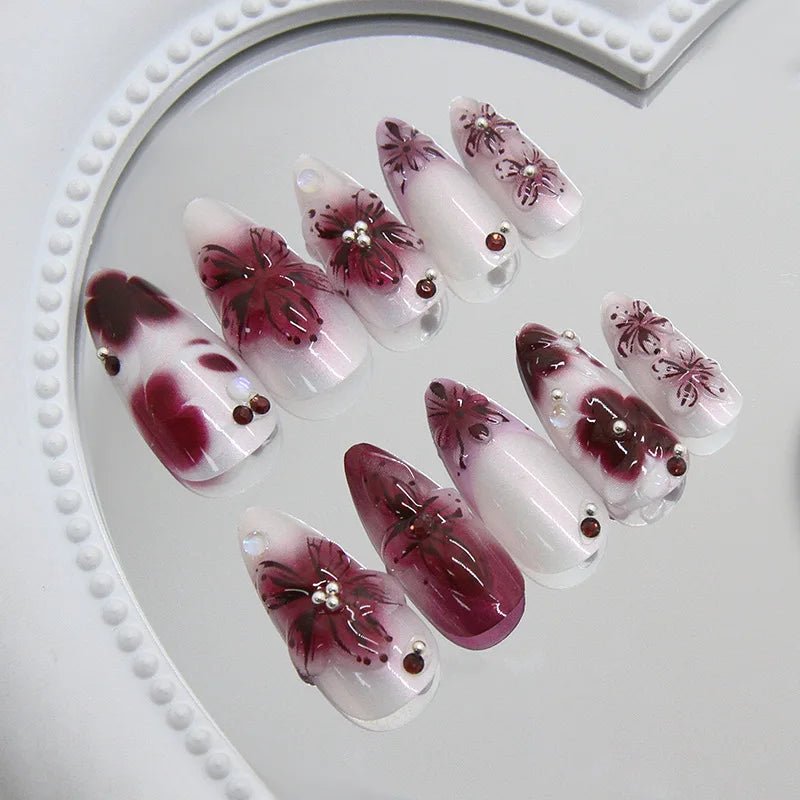 24pcs Flower Print Press - On Nails — Wine Red & Blush Almond Shape Summer Fake Nails - Mzunye