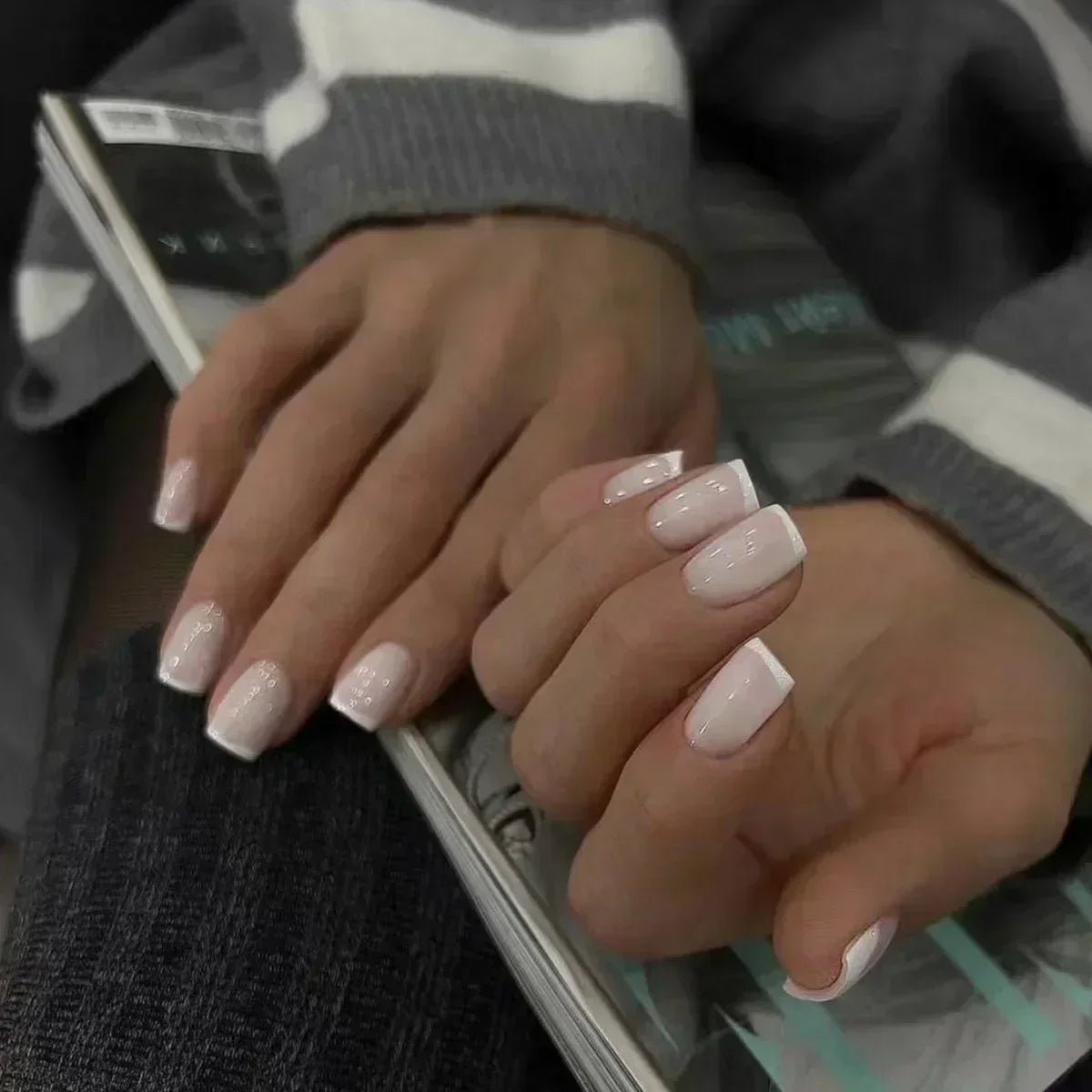 24Pcs French Tip Press-On Nails — Minimalist Square Full Cover Fake Nails with Glue | Mzunye