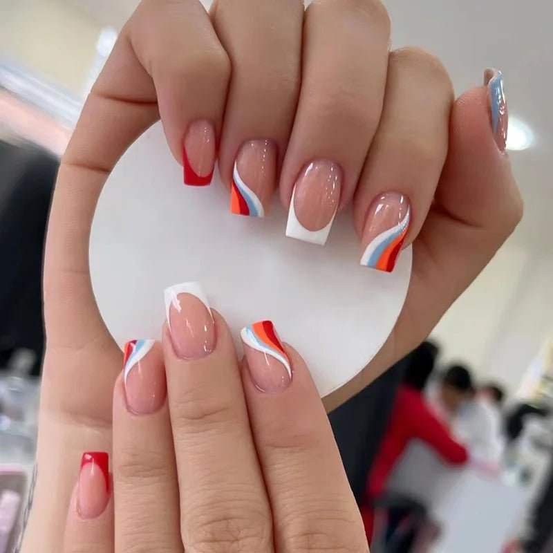 24Pcs French Tip Press-On Nails — Minimalist Square Full Cover Fake Nails with Glue | Mzunye