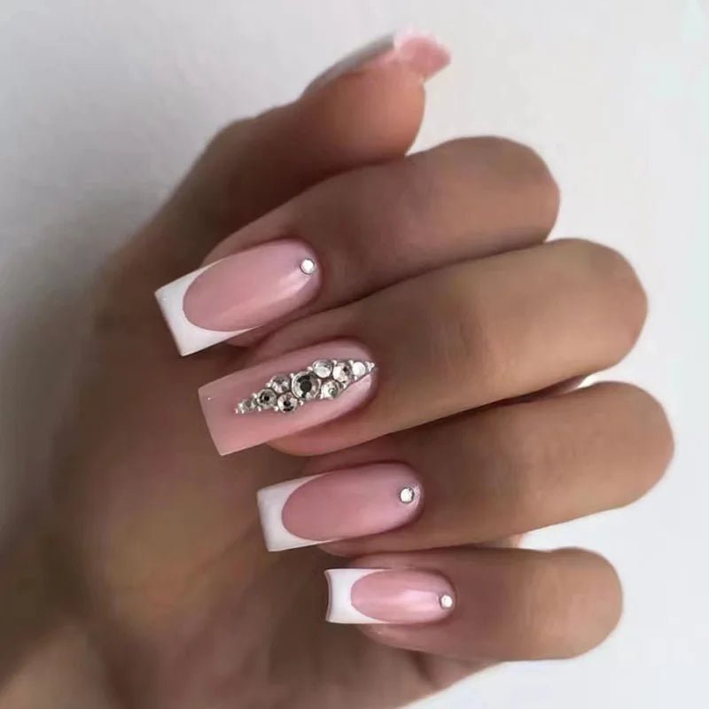 24Pcs French Tip Press-On Nails — Minimalist Square Full Cover Fake Nails with Glue | Mzunye