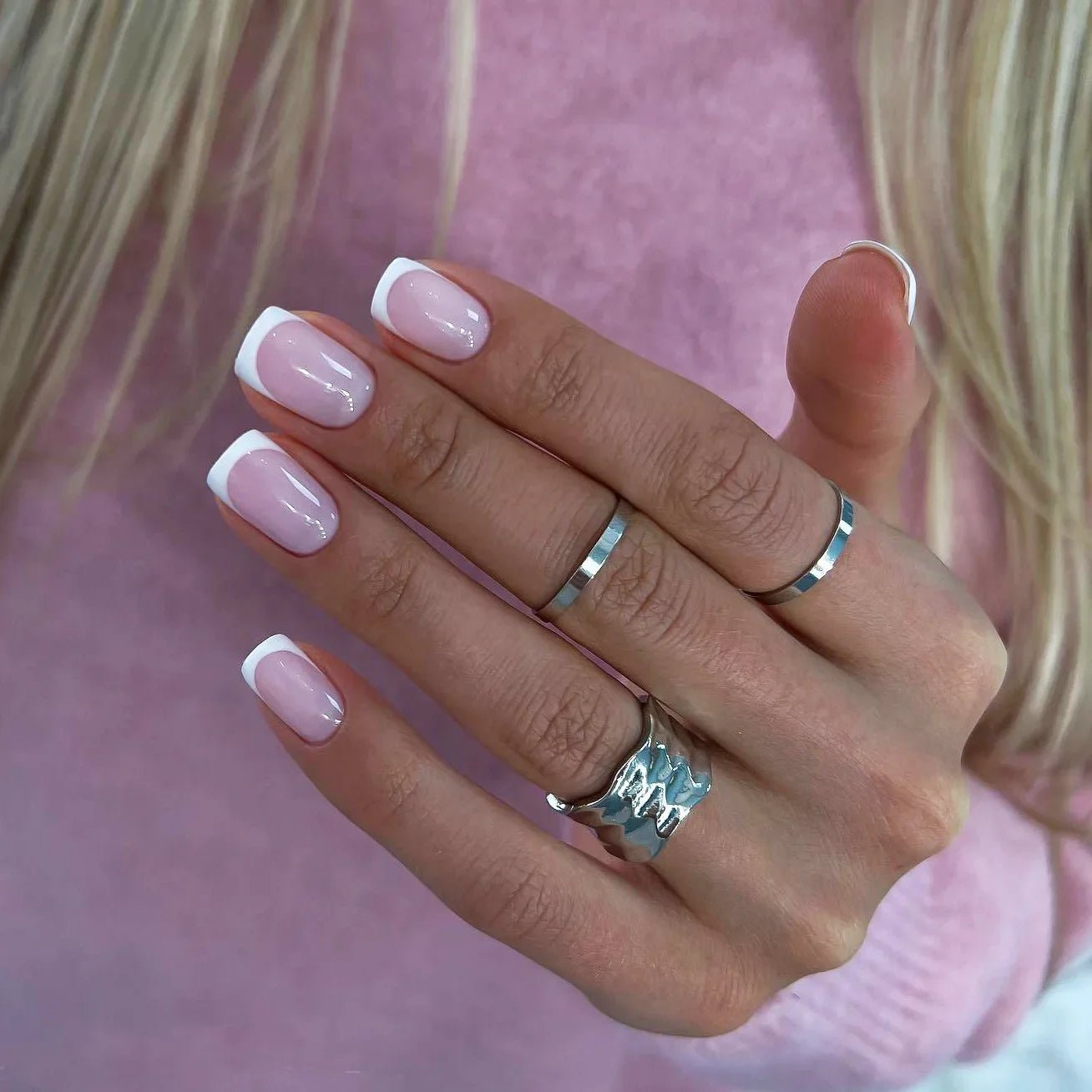 24Pcs French Tip Press-On Nails — Minimalist Square Full Cover Fake Nails with Glue | Mzunye