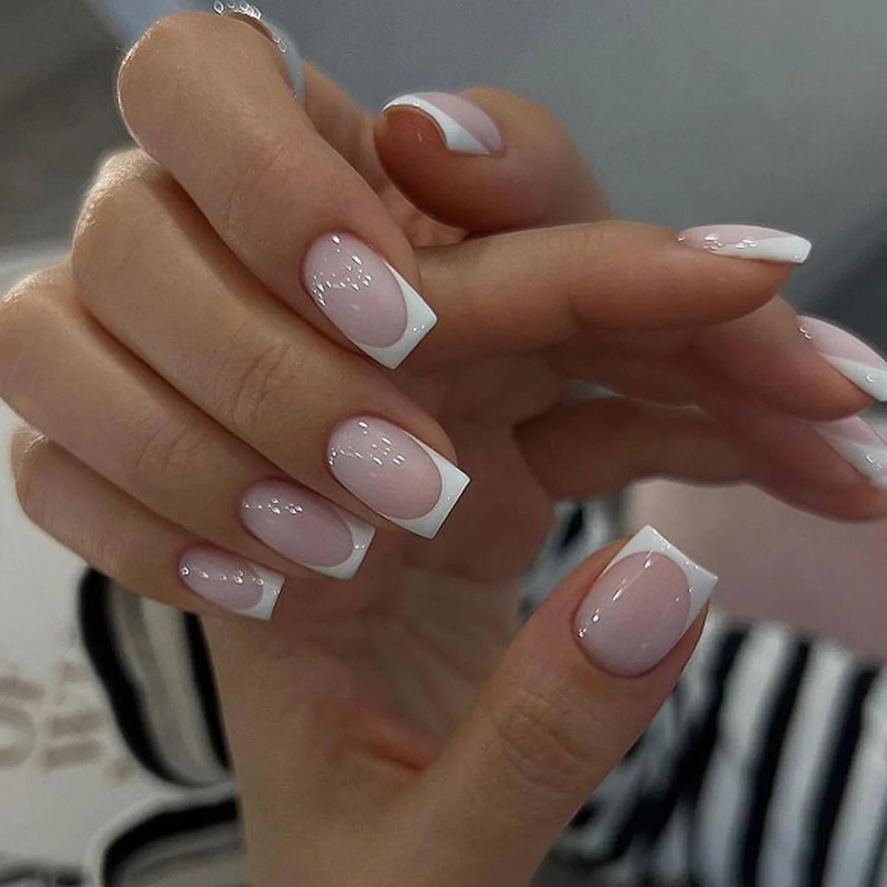24Pcs French Tip Press-On Nails — Minimalist Square Full Cover Fake Nails with Glue | Mzunye