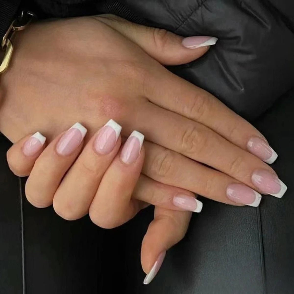 24Pcs French Tip Press-On Nails — Minimalist Square Full Cover Fake Nails with Glue | Mzunye