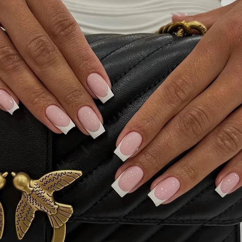 24Pcs French Tip Press-On Nails — Minimalist Square Full Cover Fake Nails with Glue | Mzunye