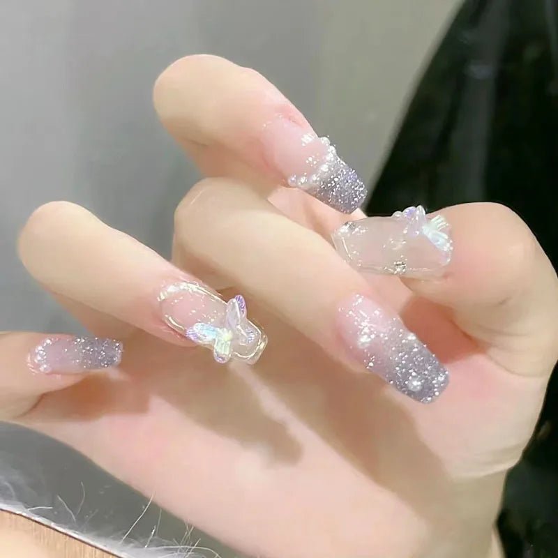 24pcs Long Coffin Press - On Nails — Pink Rhinestone Glam Designs for Women - Mzunye