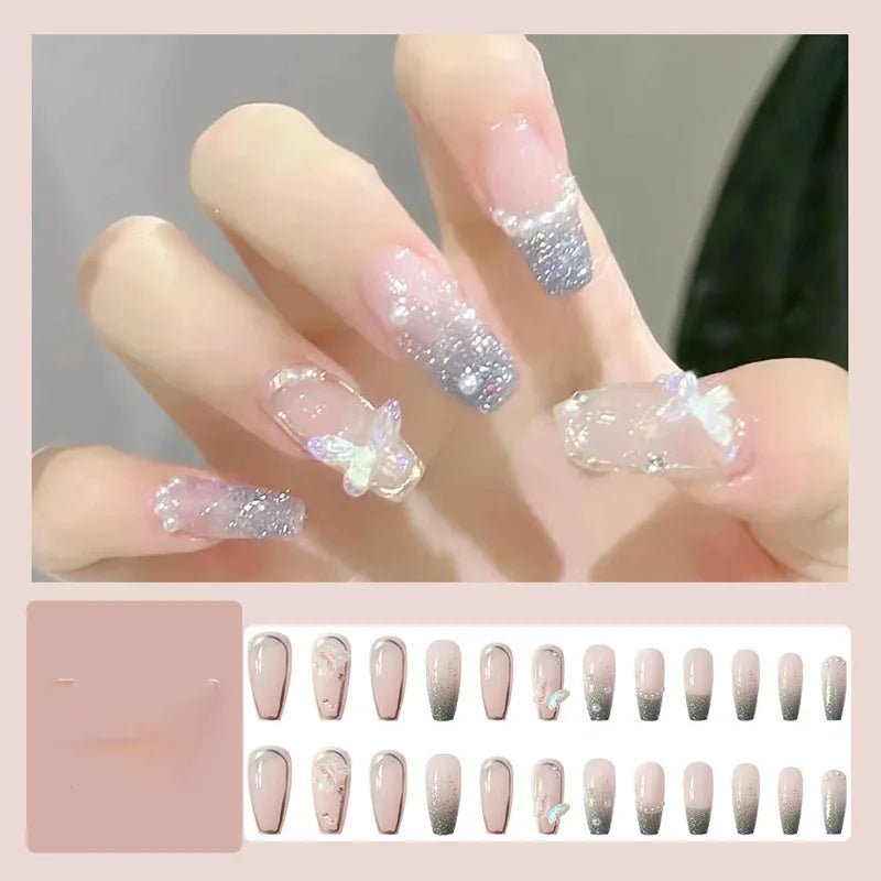 24pcs Long Coffin Press - On Nails — Pink Rhinestone Glam Designs for Women - Mzunye
