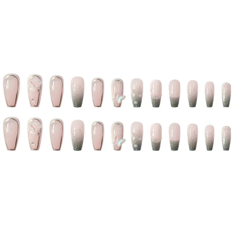 24pcs Long Coffin Press - On Nails — Pink Rhinestone Glam Designs for Women - Mzunye