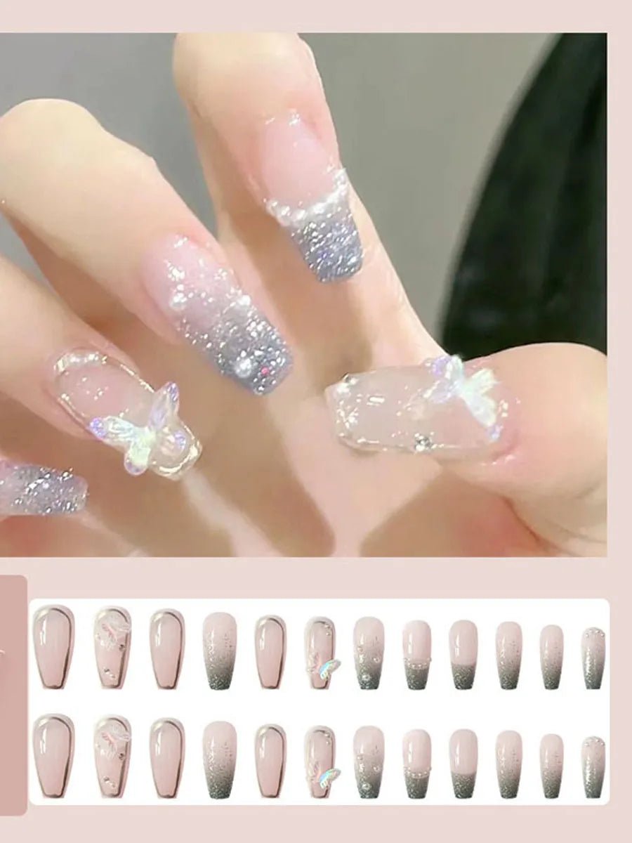 24pcs Long Coffin Press - On Nails — Pink Rhinestone Glam Designs for Women - Mzunye