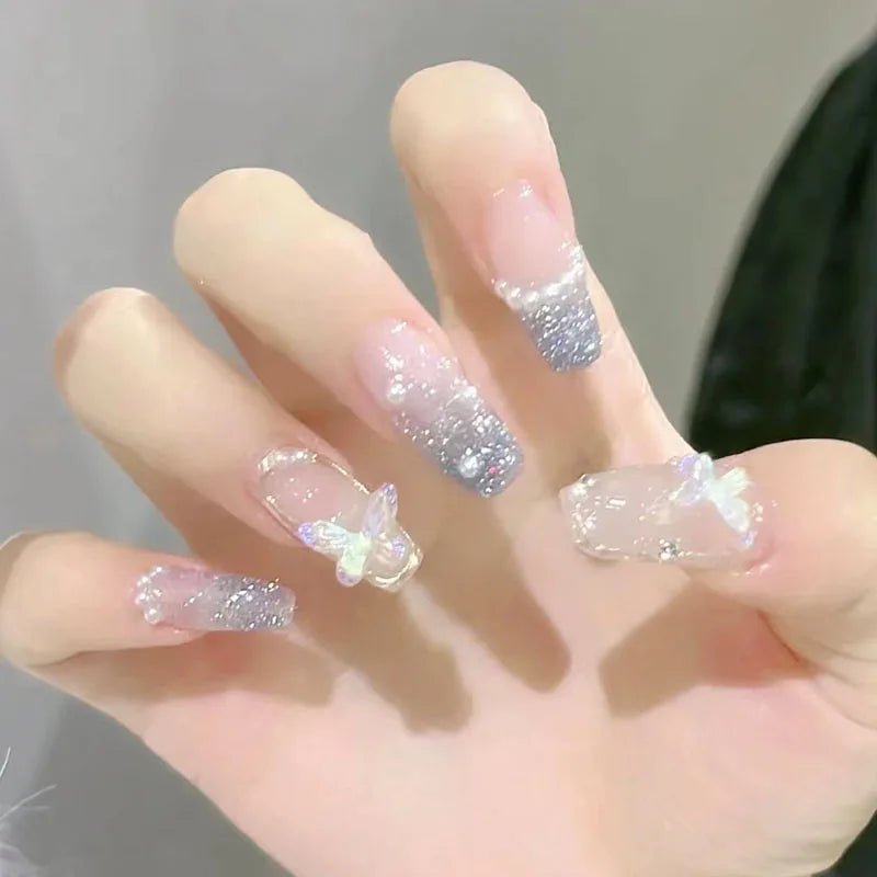 24pcs Long Coffin Press - On Nails — Pink Rhinestone Glam Designs for Women - Mzunye