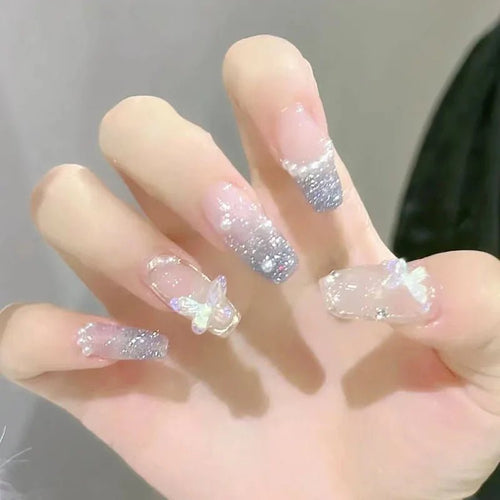 24pcs Long Coffin Press - On Nails — Pink Rhinestone Glam Designs for Women - Mzunye
