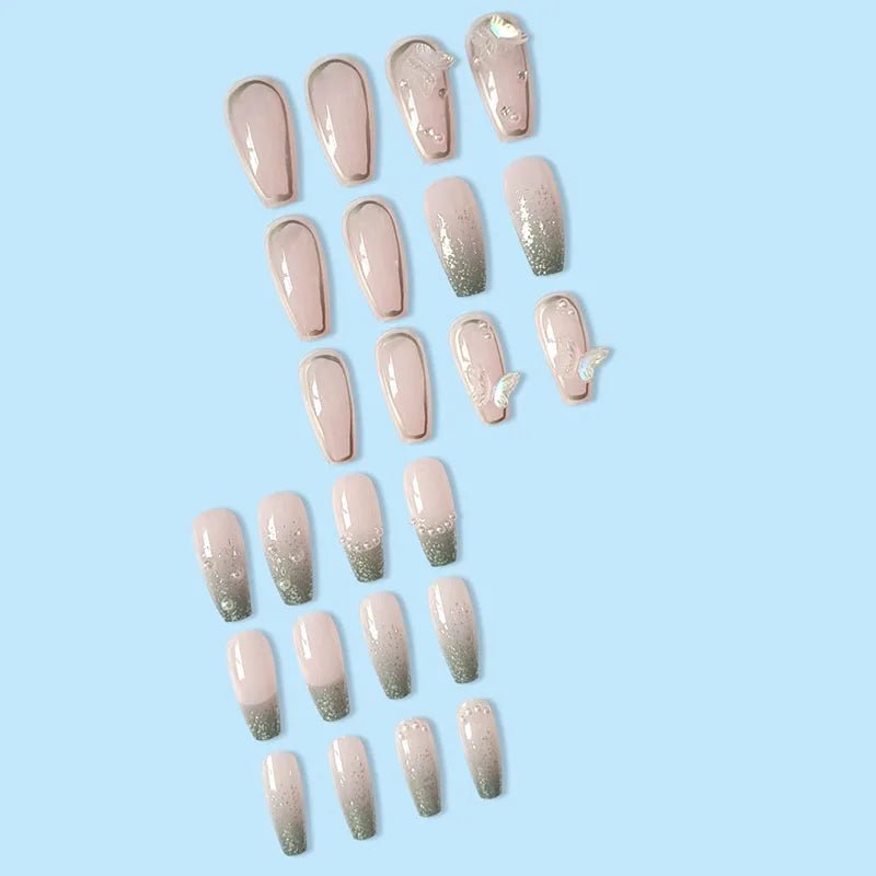 24pcs Long Coffin Press - On Nails — Pink Rhinestone Glam Designs for Women - Mzunye