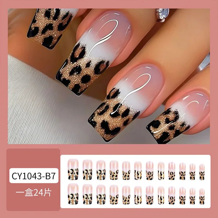 24pcs Luxe Leopard Print Press - On Nails — Long Square Glossy French Design - Mzunye