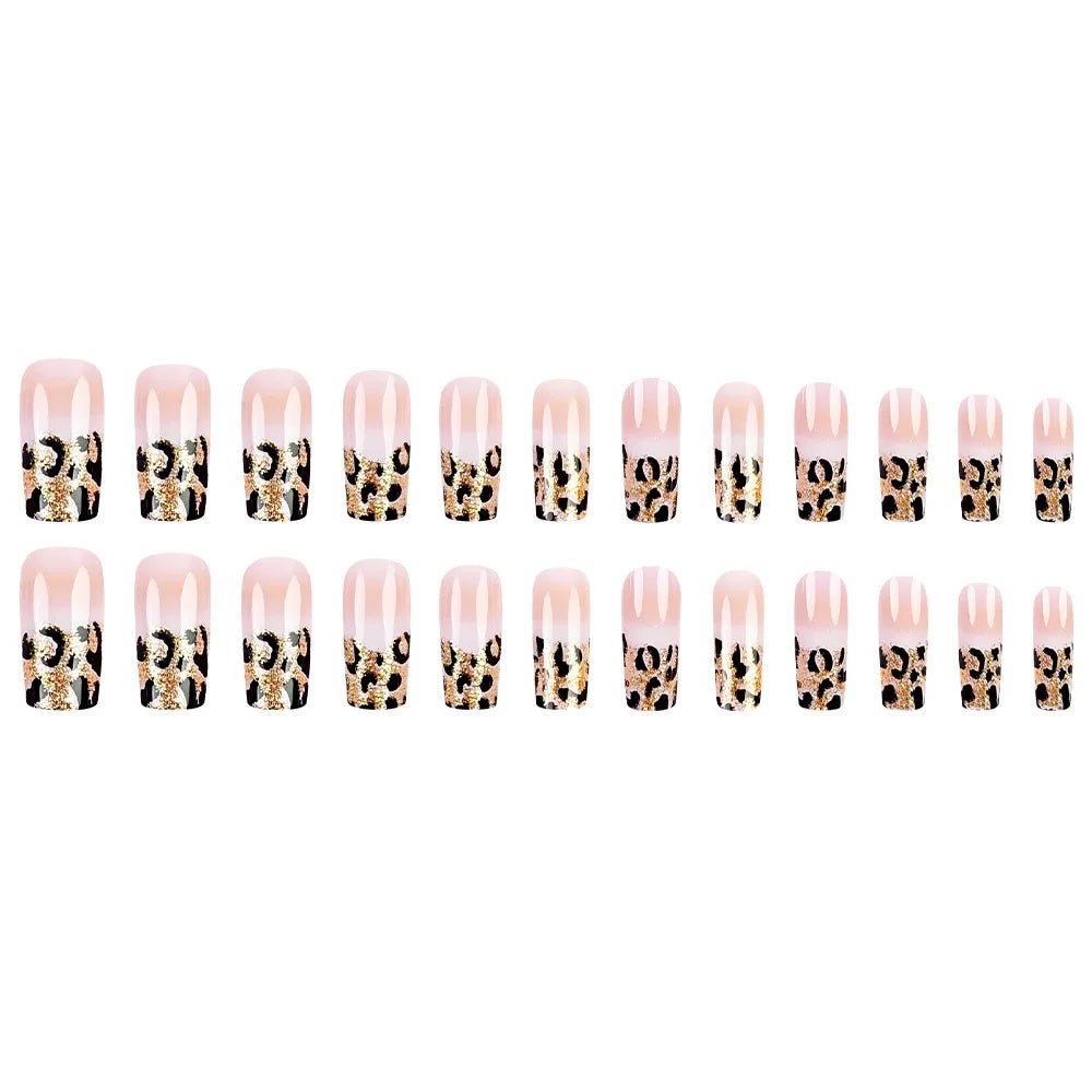 24pcs Luxe Leopard Print Press - On Nails — Long Square Glossy French Design - Mzunye