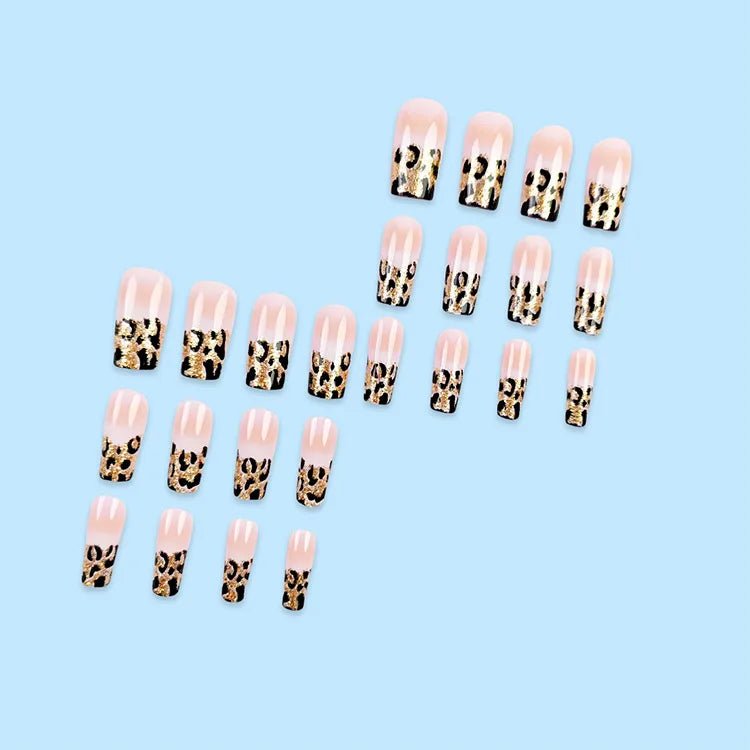 24pcs Luxe Leopard Print Press - On Nails — Long Square Glossy French Design - Mzunye