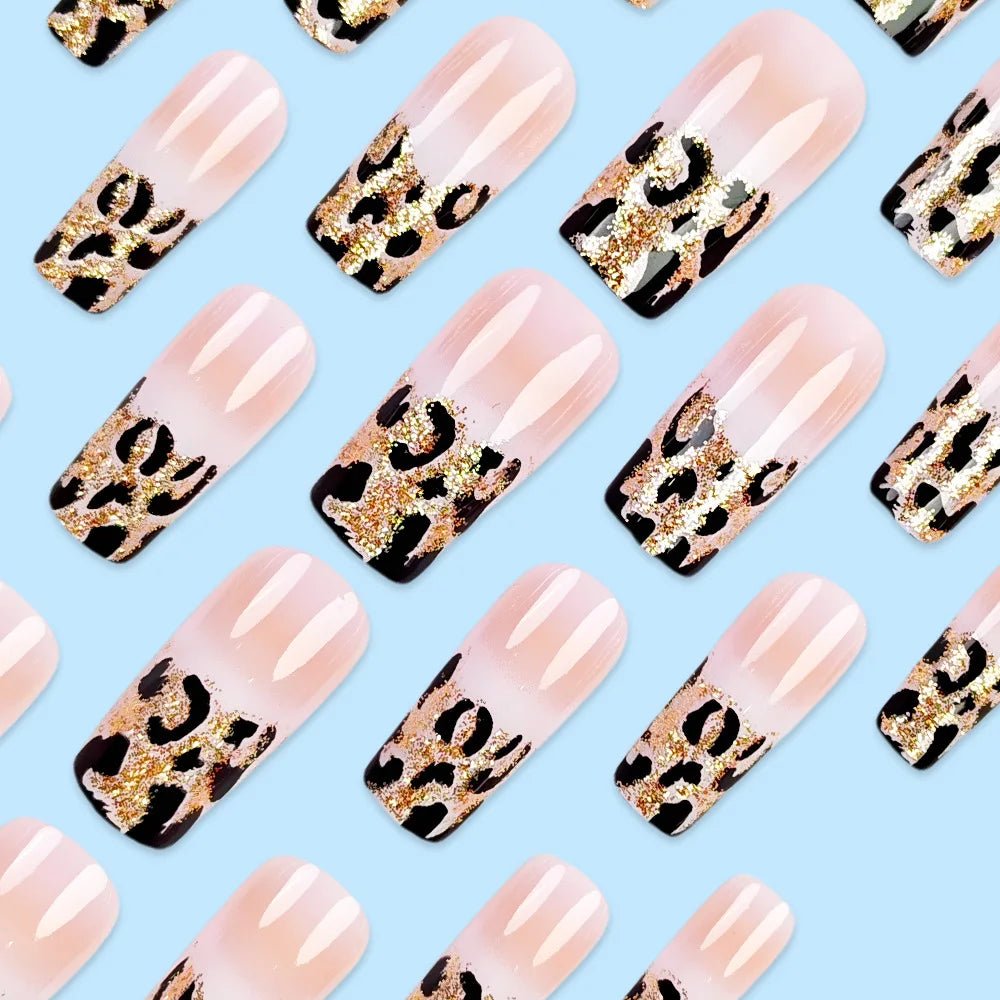 24pcs Luxe Leopard Print Press - On Nails — Long Square Glossy French Design - Mzunye