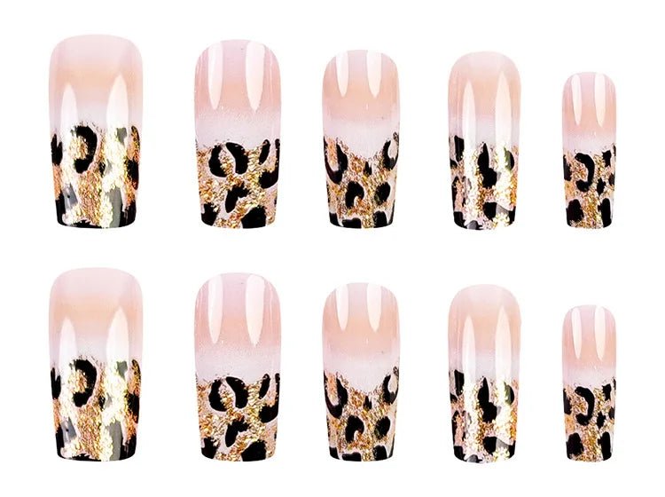 24pcs Luxe Leopard Print Press - On Nails — Long Square Glossy French Design - Mzunye
