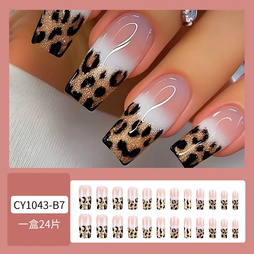 24pcs Luxe Leopard Print Press - On Nails — Long Square Glossy French Design - Mzunye