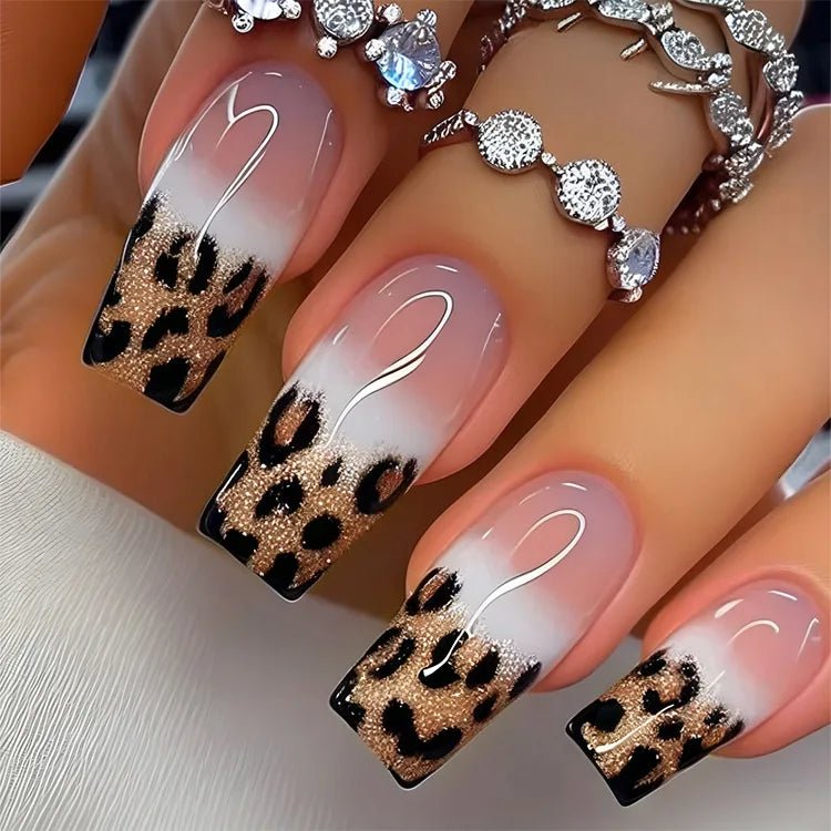 24pcs Luxe Leopard Print Press - On Nails — Long Square Glossy French Design - Mzunye