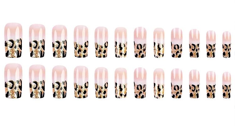 24pcs Luxe Leopard Print Press - On Nails — Long Square Glossy French Design - Mzunye