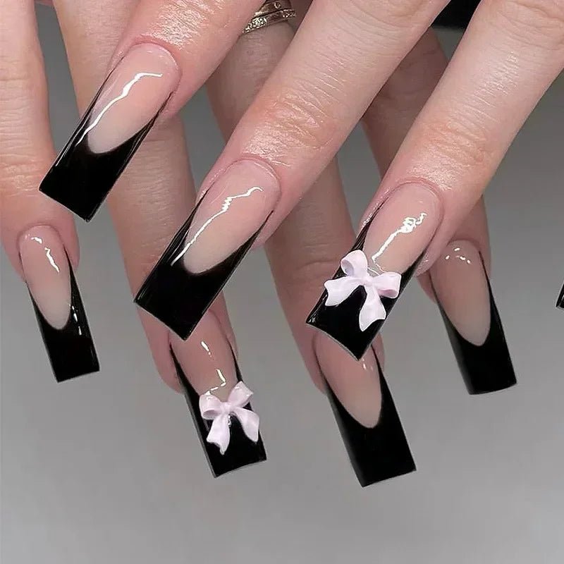 24pcs Press - On Nails — Short Almond Bowknot & French Tip Sweet Nail Set - Mzunye