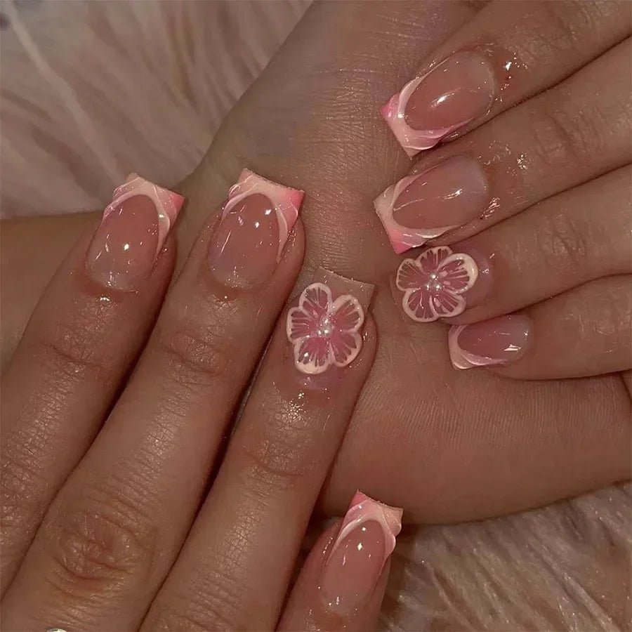 24pcs Press - On Nails — Short Almond Bowknot & French Tip Sweet Nail Set - Mzunye