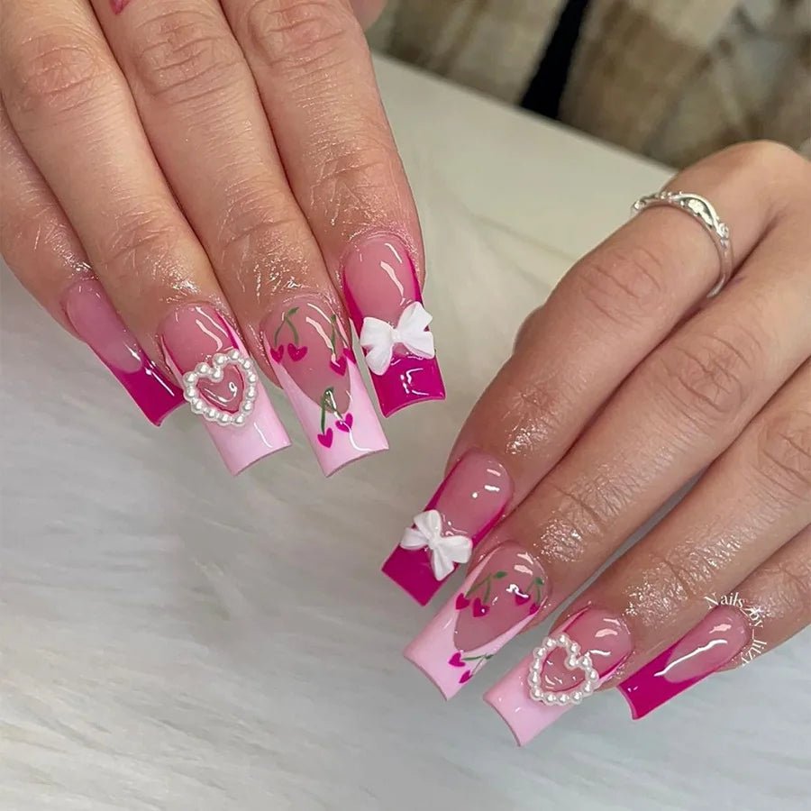 24pcs Press - On Nails — Short Almond Bowknot & French Tip Sweet Nail Set - Mzunye