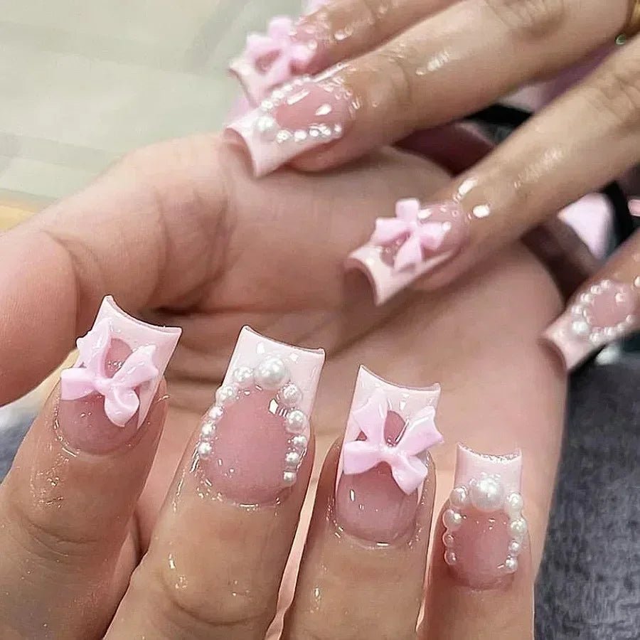 24pcs Press - On Nails — Short Almond Bowknot & French Tip Sweet Nail Set - Mzunye