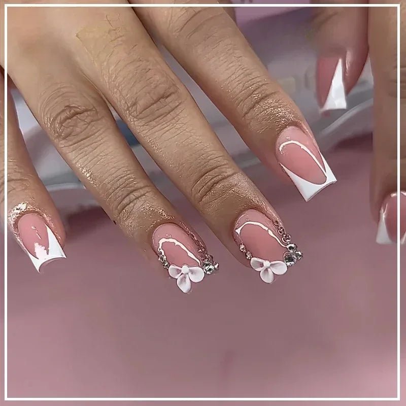 24pcs Press - On Nails — Short Almond Bowknot & French Tip Sweet Nail Set - Mzunye