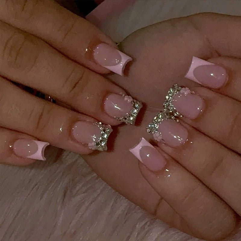 24pcs Press - On Nails — Short Almond Bowknot & French Tip Sweet Nail Set - Mzunye