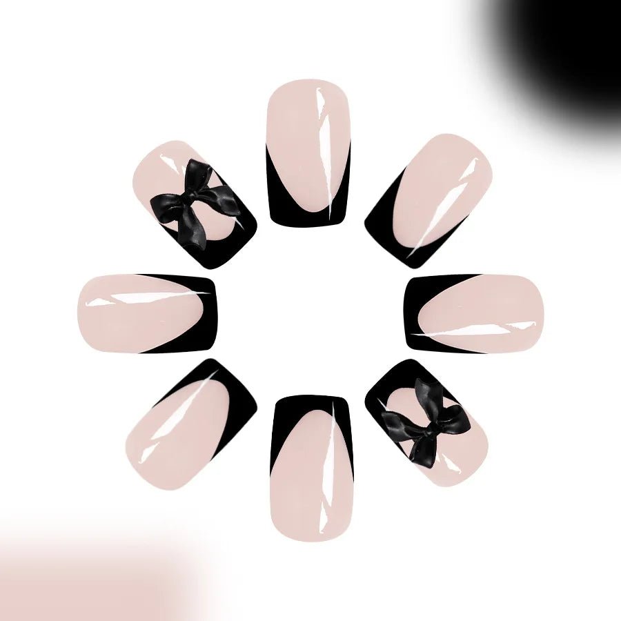 24pcs Press - On Nails — Short Almond Bowknot & French Tip Sweet Nail Set - Mzunye