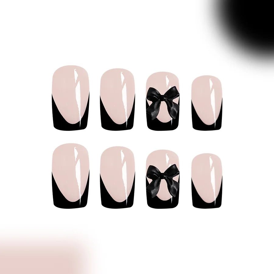 24pcs Press - On Nails — Short Almond Bowknot & French Tip Sweet Nail Set - Mzunye