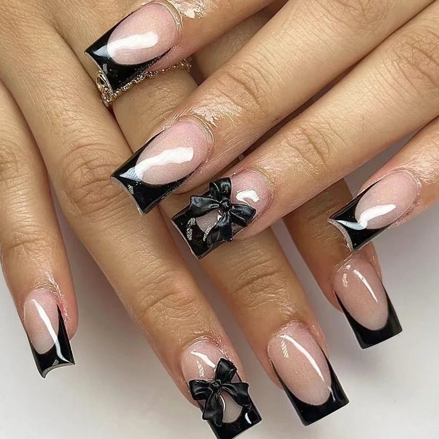 24pcs Press - On Nails — Short Almond Bowknot & French Tip Sweet Nail Set - Mzunye