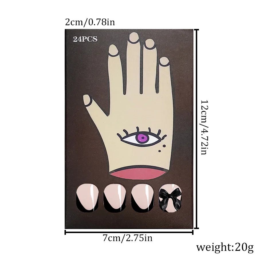 24pcs Press - On Nails — Short Almond Bowknot & French Tip Sweet Nail Set - Mzunye
