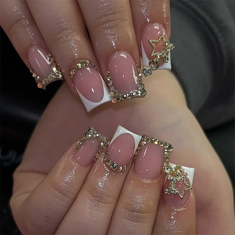 24pcs Press - On Nails — Short Almond Bowknot & French Tip Sweet Nail Set - Mzunye